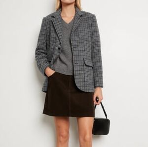 NWT Alex Mills Amalie Wool Tweed Oversized Blazer, Charcoal & Navy Plaid, Sz XL.